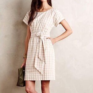 ANTHROPOLOGIE Ribboned Poplin Dress Short Sleeve Checkered Sheath Dress
